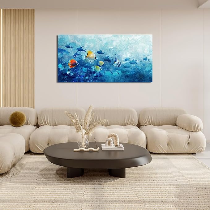 Extra Large Wall Art Tropical Fish Canvas Living Room Pictures Framed Prints Ocean Blue Oversize Wall Decor Animal Painting Artwork for Bedroom Dining Office Home 60"x30"-PawvioPets