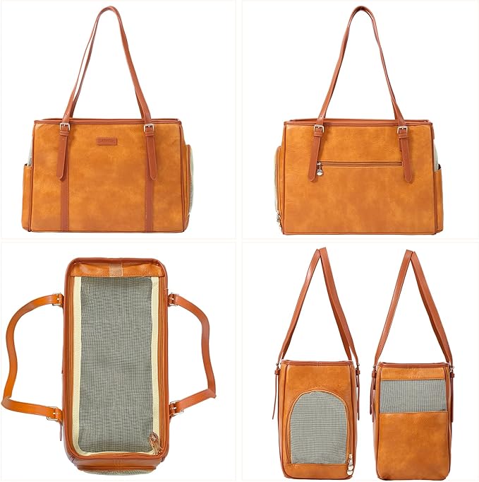 Fashion Dog Purse Pet Carrier Leather Bag for Small Dogs Cats Puppy, Portable Tote Bag Airline Approved Soft-Sided Carriers (Brown)-PawvioPets