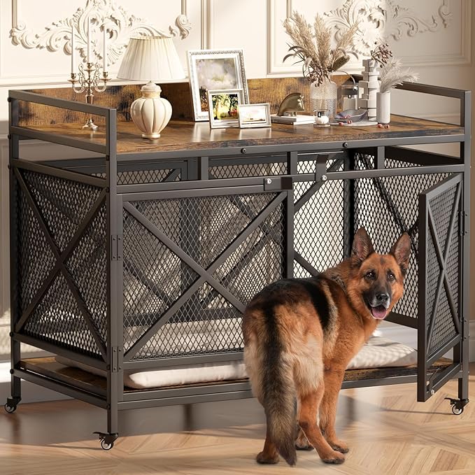 COZPAW Large Dog Crate Furniture, 48 Inch Wooden Dog Kennel for XLarge Dogs, Heavy Duty Dogs Furniture Indoor Wire Dog Cage with Caster Wheels, Decorative Pet House End Table, Brown-PawvioPets