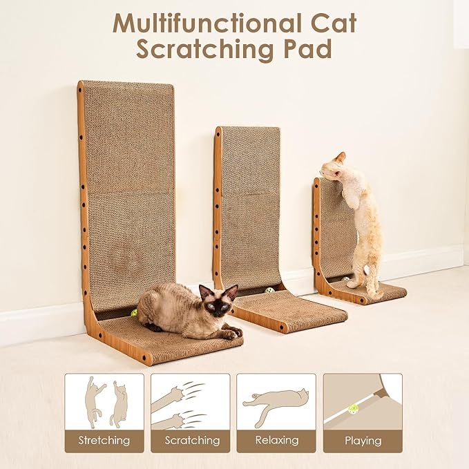 EHEYCIGA Cardboard Cat Scratcher for Indoor Cats, 26.8 Inch L Shaped Vertical Cat Scratching Board with Ball Cat Toy, Large Cat Scratcher Pad, Brown-PawvioPets