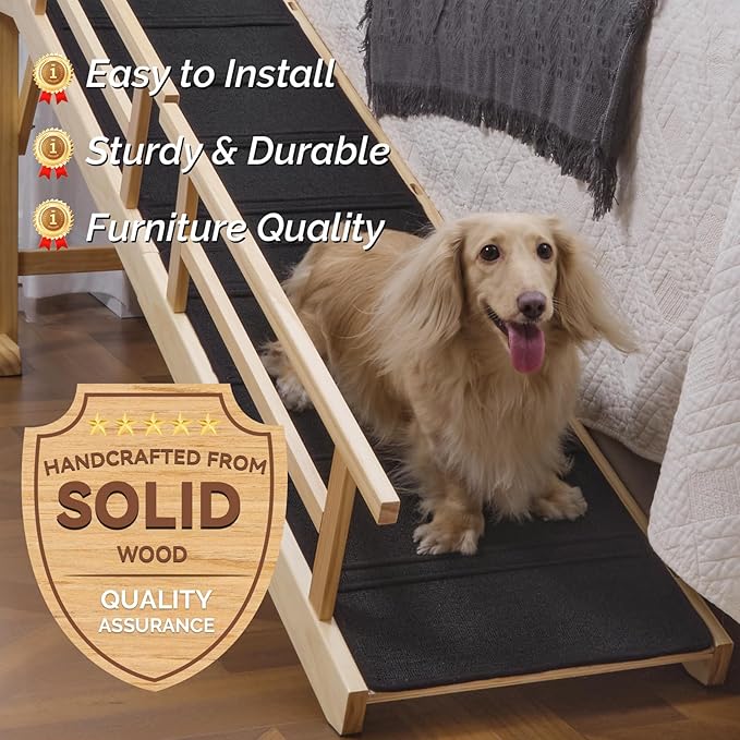 Dog Ramp for Bed or Couch, Wooden Pet Ramp with 20° Gentle Slope, Removable Side Rails, Non-Slip Surface, Top Platform & Wheels, Safe Bed Ramp for Small, Medium & Senior Dogs, 74" Long, Natural-PawvioPets