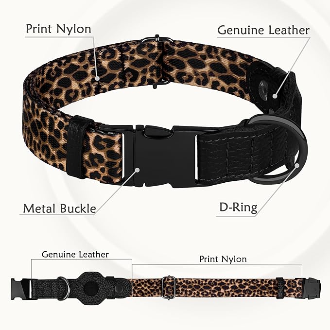 AirTag Dog Collar for Small Medium Large Breed - Adjustable Cute Pattern Dog Collar with Airtag Holder - Soft Leather Tracker GPS Apple Air Tag Pet Collars (Small, 12"-15" Neck Fit, Leopard)-PawvioPets