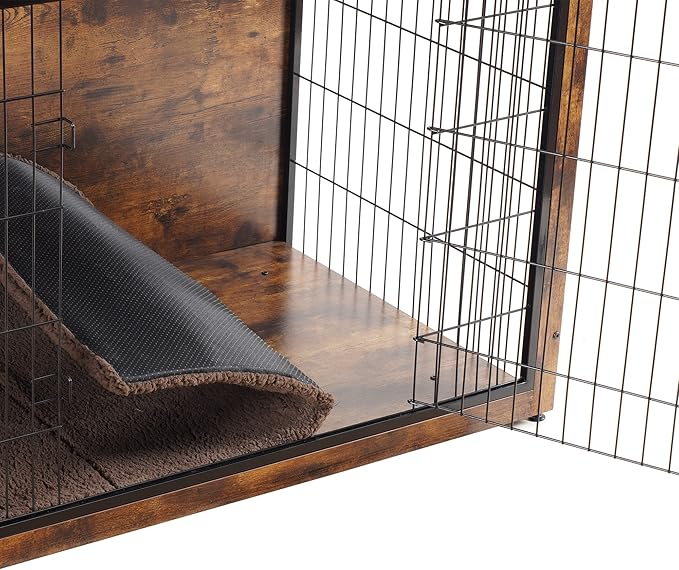 DWANTON Dog Crate Furniture with Cushion, Wooden Kennel Table with Double Doors, Indoor Dog House, Extra Large Size, 43.3" L, Rustic Brown-PawvioPets