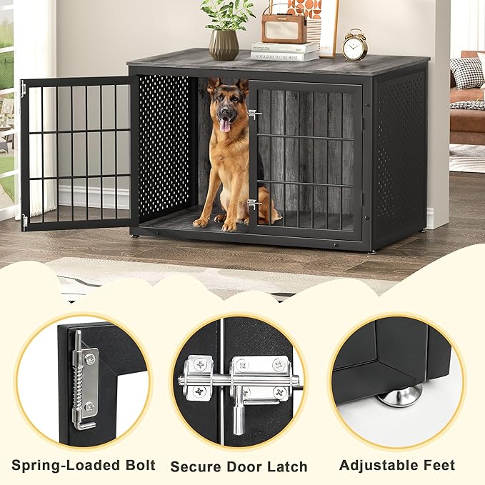 48" Heavy Duty Dog Crate Furniture for Extra Large Dogs, Metal Cage for High Anxiety Dogs, Wooden Kennel Furniture Indoor, Decorative Dog Kennel End Table, XL-PawvioPets