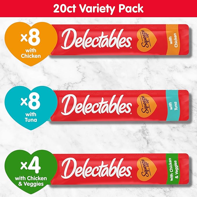 Delectables Squeeze Up Variety Pack, Creamy Squeezable Puree, Lickable Wet Cat Treats, Grain Free, No Added Fillers, No by-Products, No Added Preservatives, 0.5 Ounces Tube, 20 Tubes Total-PawvioPets