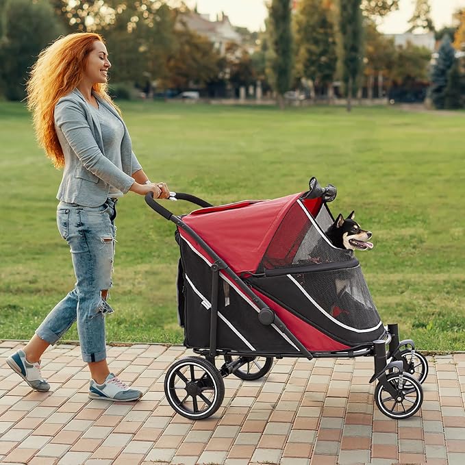 Dog Stroller for Medium/Large Dogs One-Click Folding, Extra Large Pet Stroller for 2 Dogs with Storage Pocket & Shock Absorption, Up to 130 lbs, Red-PawvioPets