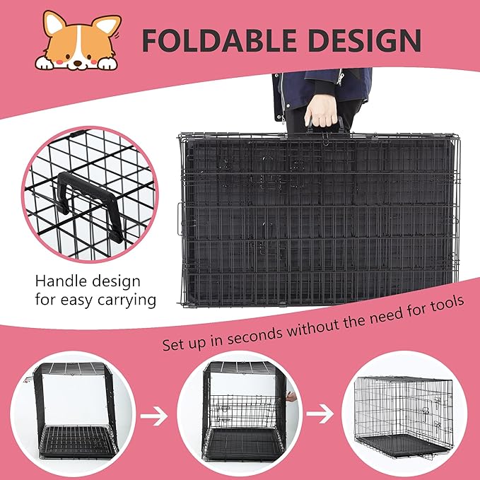 FDW Extra Large Dog Crate Dog Kennel Cage with Double Door,48 inch Folding Metal Wire Dog Cage with Removable Tray&Divider Panel,Pet Crate for Large Dogs,Black-PawvioPets