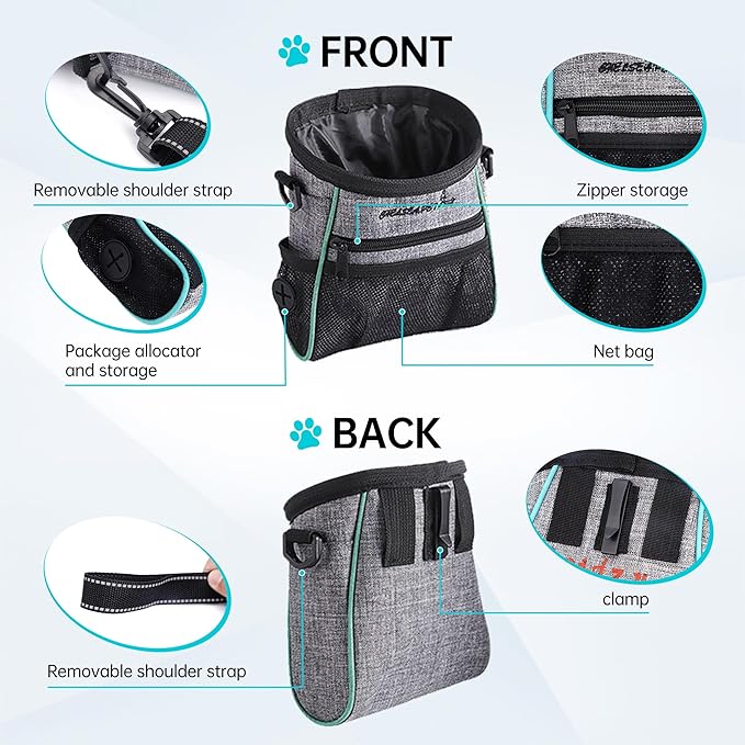 Dog Treat Pouches Training Walking Bag with Shoulder Strap, Large Space for Pets Food, Polyester Fabric, 3-Way Wearing Design, Portable Pet Bagand Easy to Clean, Black with Grey-PawvioPets