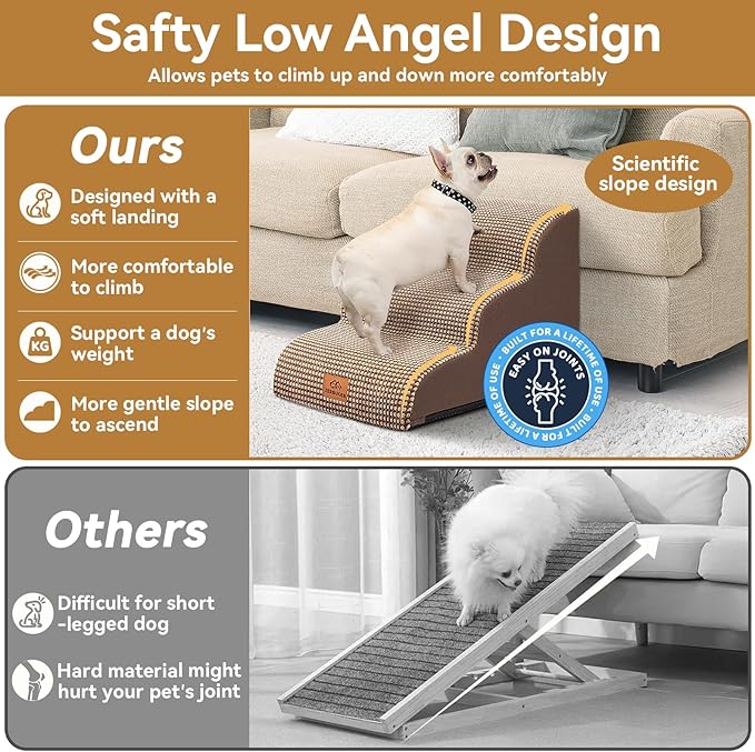 Dog Ramp and Stair for Bed 16" H-20 H,3-Step Cat Stair for Sofa and Chair,4-Step Dog Ramp for High Bed and Window,Durable Nonslip Fabric Cover for Indoor (Coffee-16 H, Pet Friendly, 3)-PawvioPets