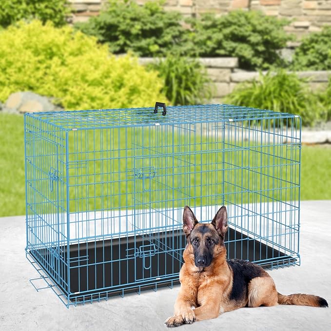 BestPet | Dog Crate | 42" | Blue | Foldable Metal Kennel with Double Doors, Secure Slide-Bolt Latches, Leakproof Tray | Portable Dog Cage for Large Breeds | for Travel, Indoor & Outdoor Use-PawvioPets