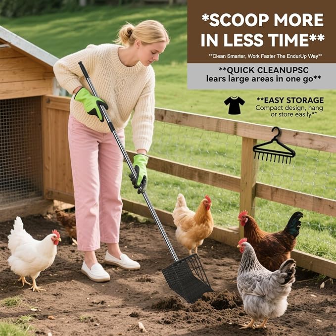 2 in 1 Chicken Poop Scooper Rake , 2 Rakes and 4 Sections Adjustable Stainless Steel Handle 37.4 - 68.9 Inch, Litter Scoop Chicken Coop Scoop for Animal Farm and Poultry Habitats with Gloves-PawvioPets