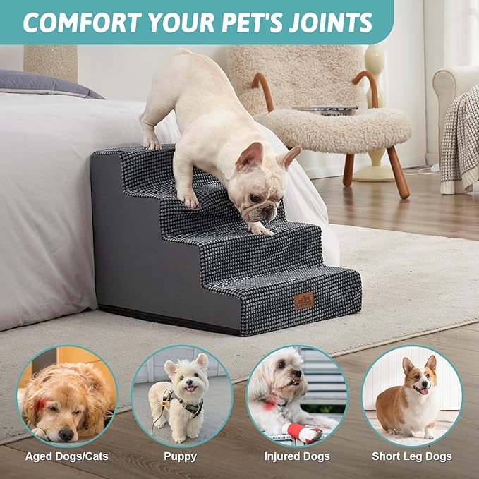 Dog Stairs for Small Dogs, 4 Tier Wider Pet Stairs for Couch and Beds, 17.7" H Non-Slip Dog Steps for Old Cats, Puppy, Small Medium Dogs, 17.7x23.6x17.7 inch, Dark Grey-PawvioPets