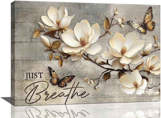 Floral Magnolia Bathroom Pictures Wall Art, Just Breathe Bathroom Wall Decor, Flower Butterfly Framed Painting Canvas Artwork for Bedroom Living Room Decorations 24"L x 16"W-PawvioPets