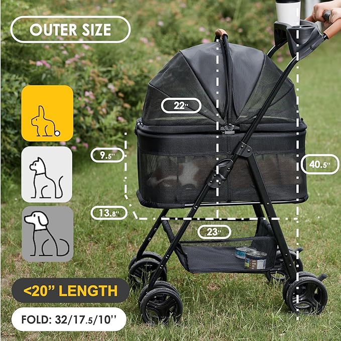 3 in 1 Pet Stroller with Removable Carrier, Folding Stroller for Small/Medium Dogs and Cats, Waterproof, All-Terrain, with Sun Shades, Car Seat-PawvioPets