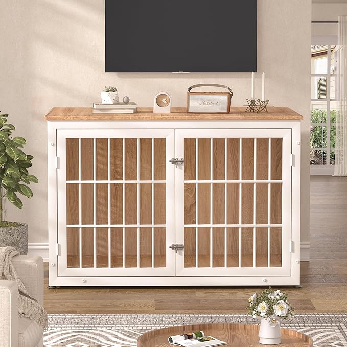 48" Heavy Duty Dog Crate Furniture for Large Dogs, Metal Kennel for High Anxiety Dogs, White Wooden Cage Furniture Indoor, Decorative Dog Kennel End Table, XL-PawvioPets