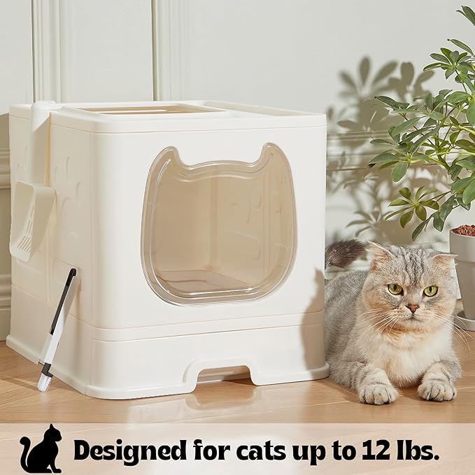 Gefryco Foldable Cat Litter Box with Lid,Covered Litter Box for Small and Medium Cats, Enclosed Cat Potty with Scoop and Brush, Top Entry Cute Kitten Litter Tray with Drawer and Top Cover(White)-PawvioPets
