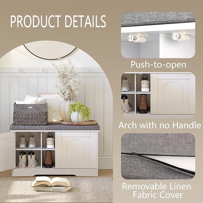 DINZI LVJ Shoe Bench, Entryway Storage Bench with Doors, Cushion, 2-Tier Shoe Rack with 6-Cubby, 31.5”L x 13.8”W Shoe Organizer Cabinet, Adjustable Shelf, Living Room, Bedroom, White-PawvioPets