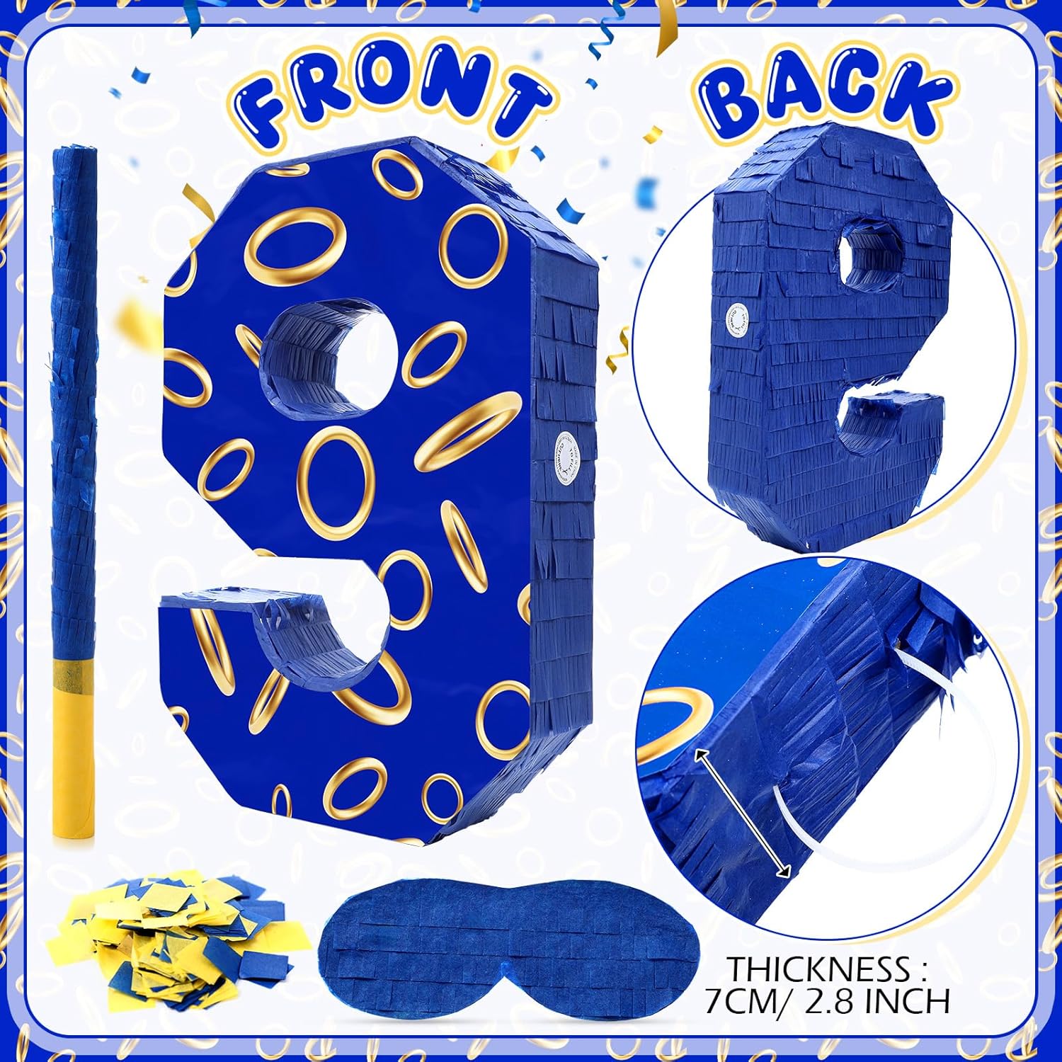Number 9 Blue and Golden Rings Piñata for Kids Birthday Cartoon Theme Small Piñata with Blindfold Stick Confetti for Fiesta Cinco De Mayo Party Decor, 15.8 x 11 x 2.8 Inch