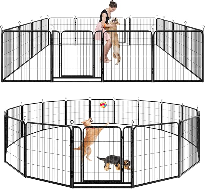 Dog Playpen Outdoor Extra Wide 16 Panels Heavy Duty Dog Fence 32" Height Anti-Rust with Doors Portable for RV Camping Yard, Total 42FT, 140 Sq.ft, Snowy Black-PawvioPets