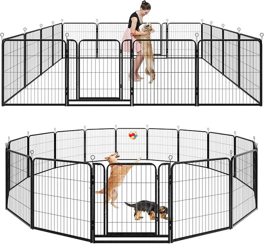 Dog Playpen Outdoor Extra Wide 16 Panels Heavy Duty Dog Fence 32" Height Anti-Rust with Doors Portable for RV Camping Yard, Total 42FT, 140 Sq.ft, Snowy Black-PawvioPets