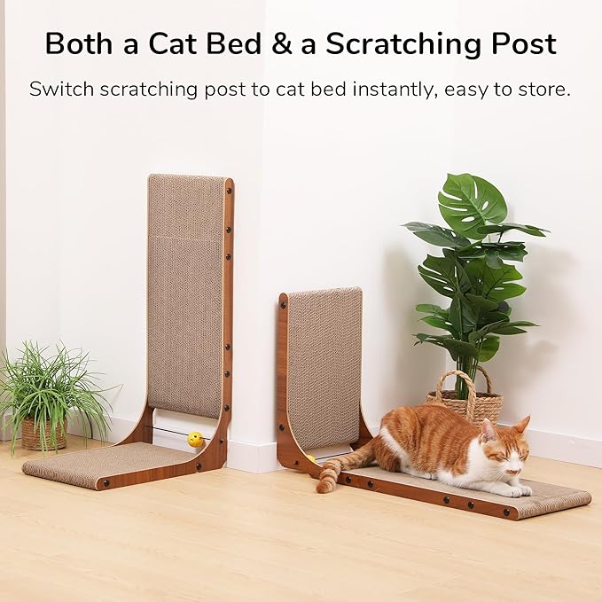 FUKUMARU Cat Scratcher, 26.8 Inch Cat Scratch Pad for Indoor Cats, L Shaped Cardboard Vertical Cats Scratching Board with Ball Toy, Walnut Color, 2 Packs-PawvioPets