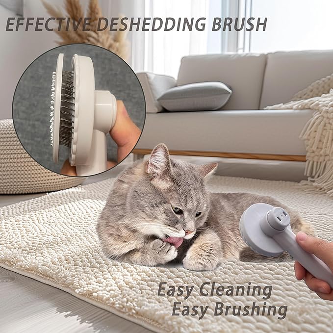 Cat Grooming Brush Kit 6 Tools - Deshedding & Dematting for Long/Short Hair, Self-Cleaning Slicker Brush with 6-in-1 Flea Comb for Cats & Kittens (White)-PawvioPets