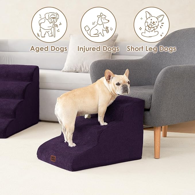 EHEYCIGA Curved Dog Stairs Ramp for Small Dogs 15.7" H, 3-Step Dog Steps for Couch Sofa and Chair, Pet Stairs for Cats, Non-Slip Balanced Pet Steps Indoor, Purple-PawvioPets