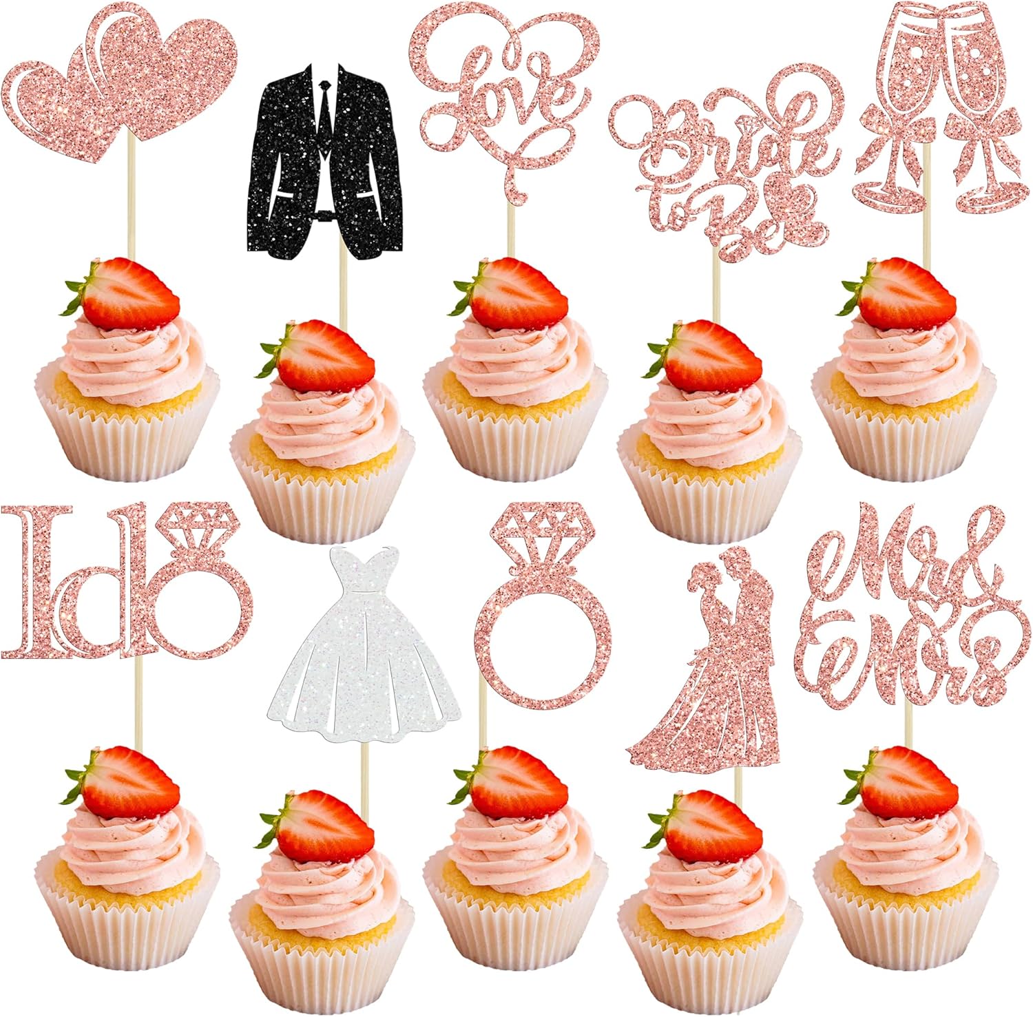 Gyufise 30Pcs Bride to Be Cupcake Toppers Glitter Diamond Ring I Do Love Cupcake Picks Miss to Mrs Bridal Shower Wedding Engagement Bachelorette Cake Decoration Rose Gold