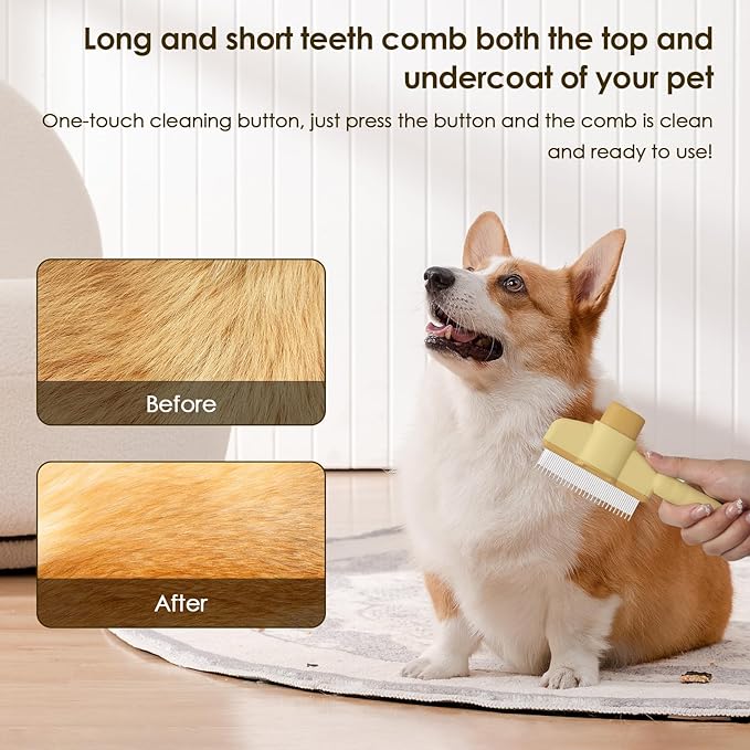 Flea Comb for Cat Hair Removal Comb, 2025 New Self-Cleaning Flea Brush for Cats and Dog, Comfort Cat Hair Removal Tool with Long & Short Stainless Steel Metal Grooming Brush(Yellow)-PawvioPets