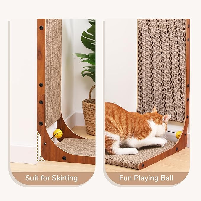FUKUMARU Cat Scratcher, 26.8 Inch Cat Scratch Pad for Indoor Cats, L Shaped Cardboard Vertical Cats Scratching Board with Ball Toy, Walnut Color, 2 Packs-PawvioPets