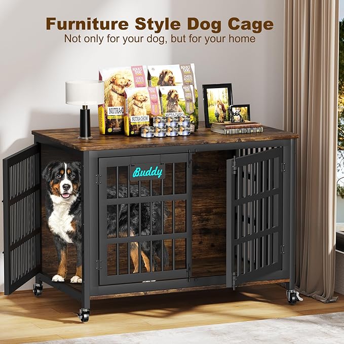 EasyCom 48"/42"/33" Dog Crate Furniture with Name Tag, Heavy Duty Dog Kennel Indoor for Large Dogs, Escape-Proof and Chew-Proof Dog Cage for high Anxiety Dog, Decorate House as TV Stand, End Table-PawvioPets