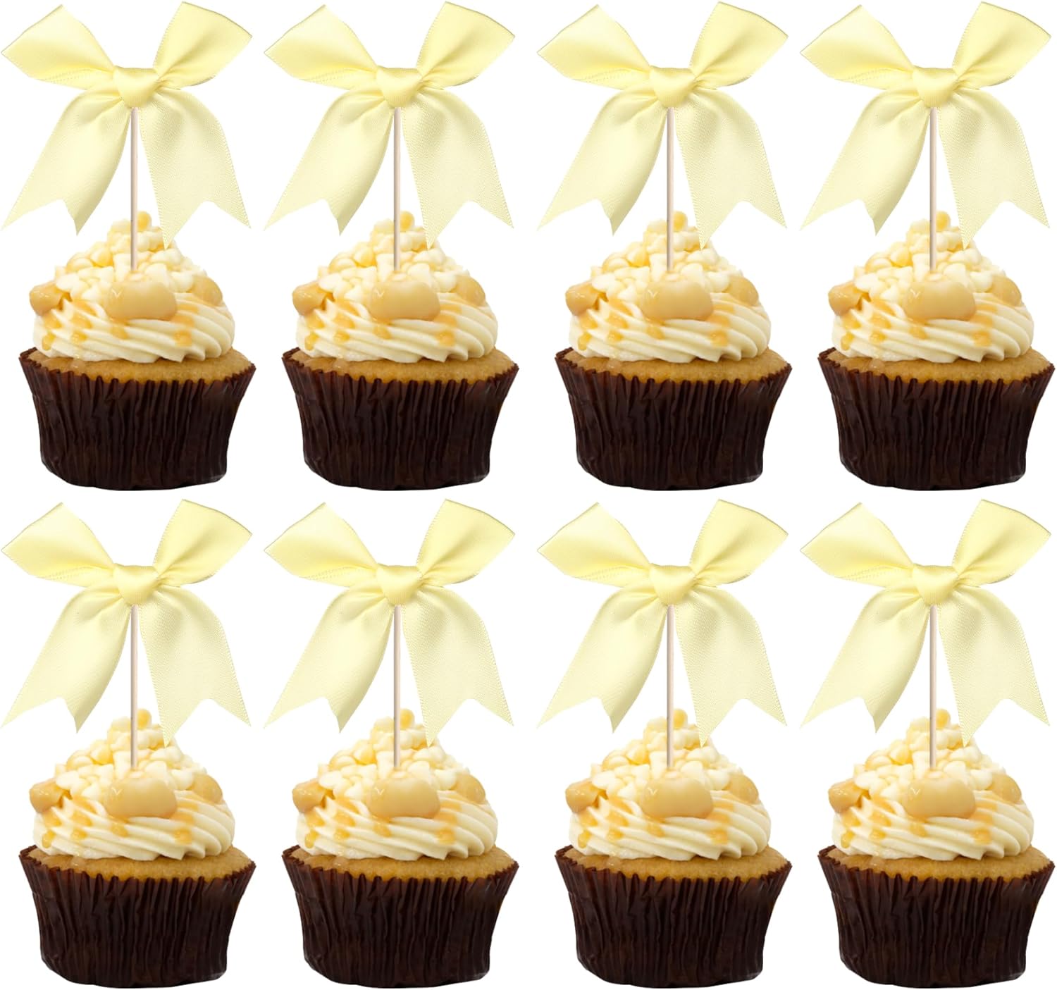24 PCS Bow Cupcake Toppers Bow Cupcake Picks Bowknot Birthday Party Decorations Bowknot Cake Dessert Picks for Baby Shower Birthday Wedding Bridal Engagement Party Cake Decorations Supplies Yellow