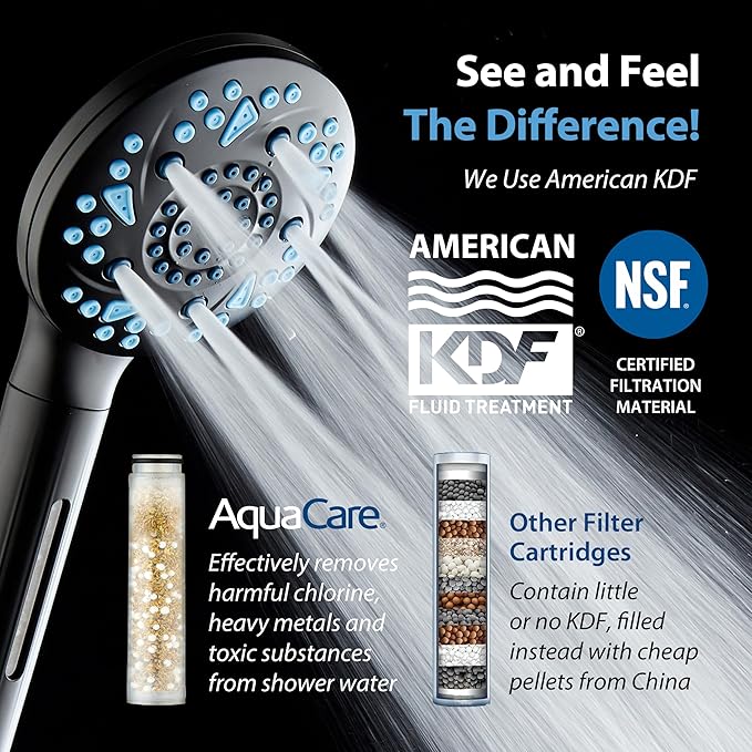 AquaCare High Pressure 10 Spray Mode Filtered Showerhead - Handheld Shower Head Filters Chlorine to Heal Dry Skin, Revive Hair - Dual Power Wash Cleans Tub, Tile, Pets - Hard Water Softener, Black-PawvioPets