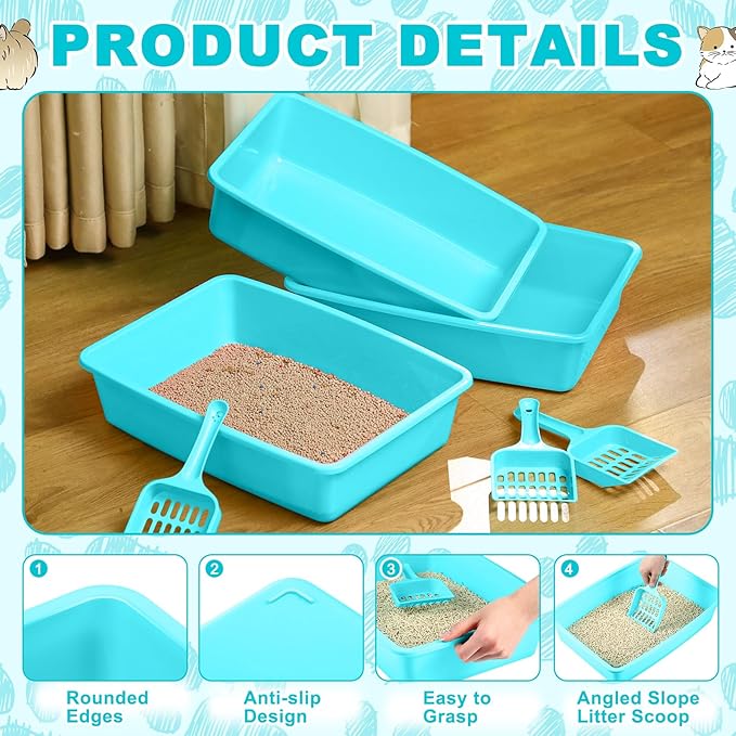 Amyhill 5 Pcs Open Cat Litter Box Kitten Litter Pan with 5 Scooper Medium Plastic Pet Tray Durable Nonstick Kitten Box for Indoor Pets Cats Rabbit Supply Easy to Clean, 14.6x10.6x3.4 Inch (Blue)-PawvioPets