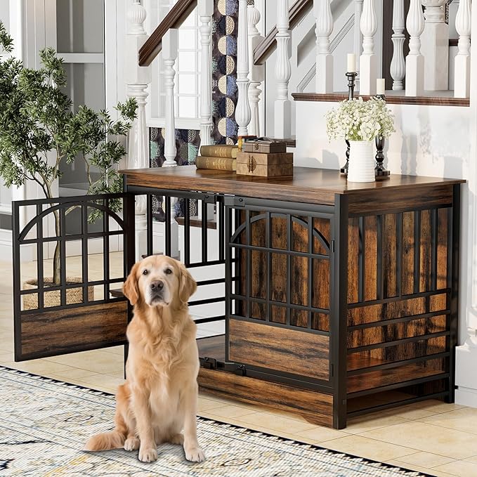 COZPAW 52 Inch Dog Crate Furniture, Extra Large Dog Kennel Indoor for XLarge Breed, Heavy Duty Dog Cage with Double Elegant Arched Doors, Decorate as TV Stand & End Table-Retro Brown-PawvioPets