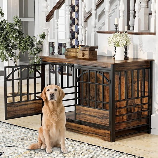 COZPAW 52 Inch Dog Crate Furniture, Extra Large Dog Kennel Indoor for XLarge Breed, Heavy Duty Dog Cage with Double Elegant Arched Doors, Decorate as TV Stand & End Table-Retro Brown-PawvioPets