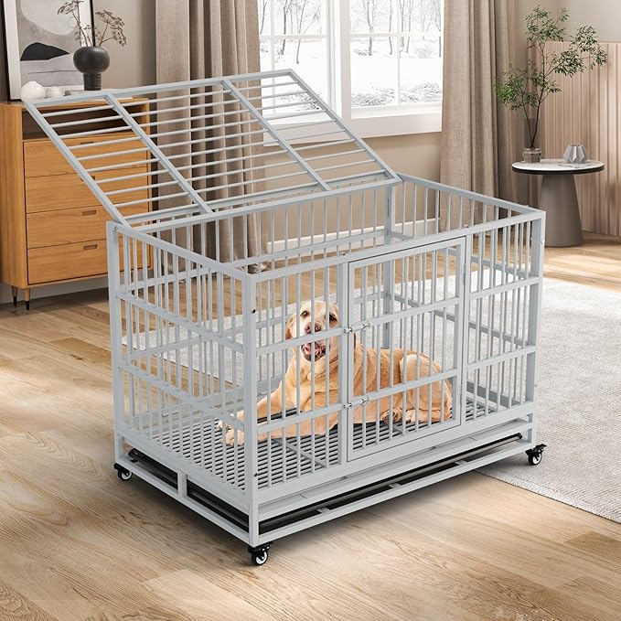 Dog Crate with Removable Tray, 37/42/46 Inch Indestructible and Escape Proof Steel Dog Cage Kennel for High Anxiety Dogs, Heavy Duty Dog Crate with Wheels, Double Door, Extra Large XL XXL-PawvioPets