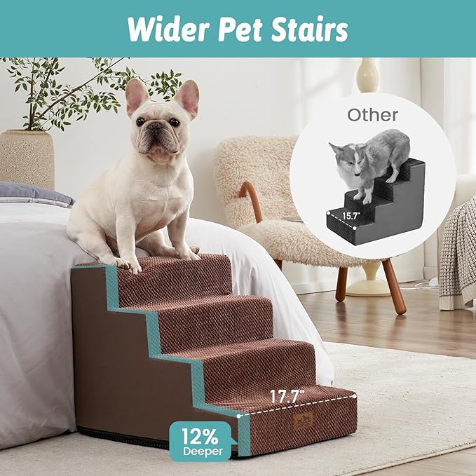 Dog Stairs for Small Dogs, 4 Tier Wider Pet Stairs for Couch and Beds, 17.7" H Non-Slip Dog Steps for Old Cats, Puppy, Small Medium Dogs, 17.7x23.6x17.7 inch, Brown-PawvioPets