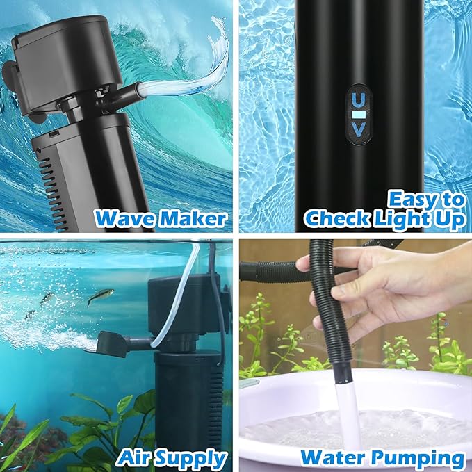 Aquarium Filter for 40-150 Gallon Tank, U-V Fish Tank Green Clean Machine Submersible Powerful Pump Canister Filter 400GPH for Pond Turtle Tank Saltwater Freshwater Crystal Clear Green Killing-PawvioPets