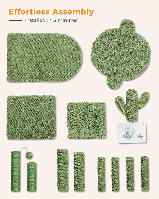 Cactus Cat Tree 40" Cat Tower with Large Metal Carpet Hammock, Cat Scratching Post for Indoor Cats with Condo & Replaceable Toy Ball, Green-PawvioPets