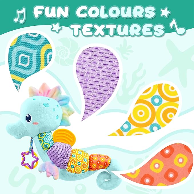 Baby Toys 0 to 12 Months, Musical Stuffed Animal Activity Soft Toys with Multi-Sensory Crinkle, Rattle and Textures, Infant Tummy Time Toys for Newborn Boys, Seahorse, Blue-PawvioPets