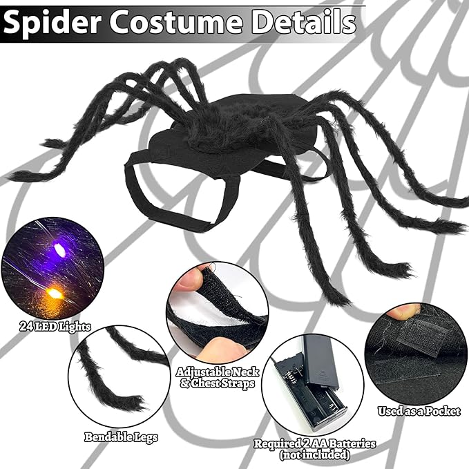 Camlinbo 24 LED Spider Dog Halloween Costume for Small Medium Large Dogs, Furry Giant Spider with Orange Purple Lights Puppy Pet Costume Outfits Clothes Funny Halloween Costume Party Cosplay-PawvioPets