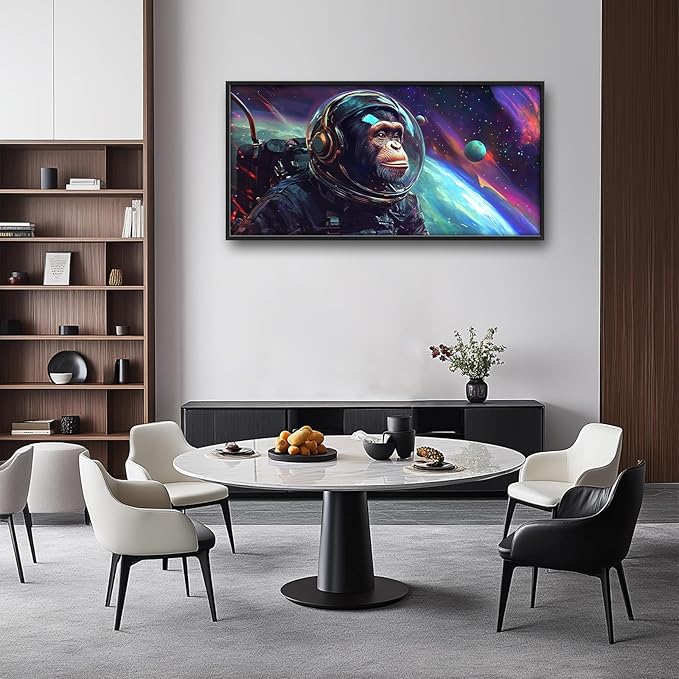 Framed Large Monkey Astronaut Wall Art, Oversized Chimpanzee Spacemen Wall Decor for Living Room, Outer Space Canvas Painting Pictures Modern Artwork for Living Room Bedroom Office 60"x30"-PawvioPets