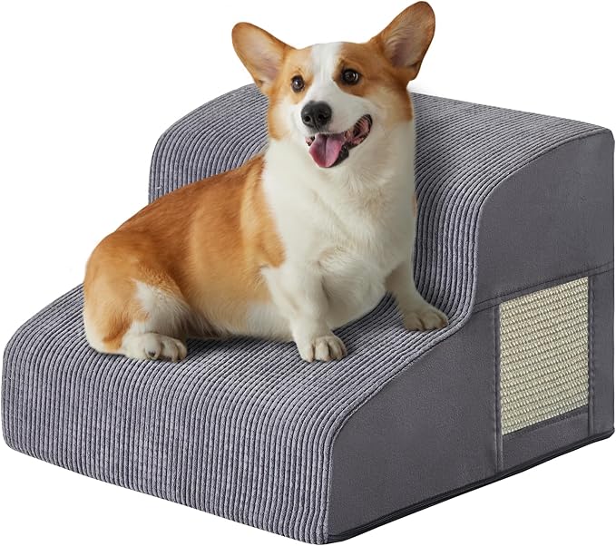 Dogs Steps for Bed, Dog Stairs for Small Dogs, 2-Step Dog Ramp for Bed, Couch, Sofa, and Chairs, Non-Slip Bottom Design, Cat Scratching, High Density Foam Portable Pet Step, Indoor, Grey-PawvioPets
