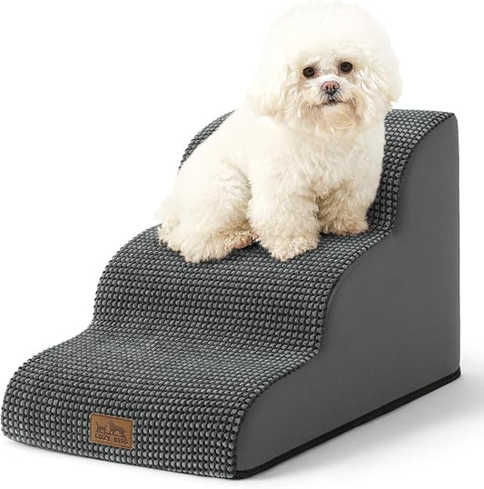 Dog Stairs for Small Dogs 15.7" H, Curved Dog Step for Puppy, Older Cat, Medium Pet Ramp for Sofa, Couch or Chair, Ladder with High Density Foam, 15.7x22.4x15.7 inch, 3 Step, Dark Grey-PawvioPets