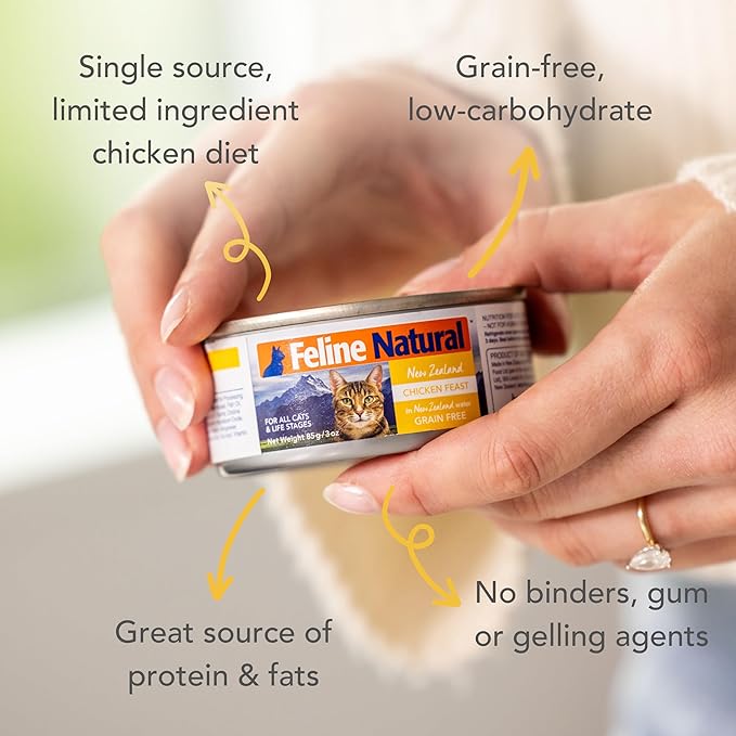 Feline Natural New Zealand Canned Catfood Wet Food, High-Meat, Low-Carb, & Grain Free Cat Food Wet, Chicken Feast, 3 oz, Pack of 24-PawvioPets