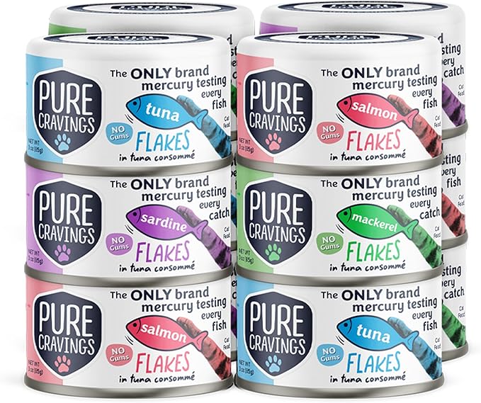 Flakes in Tuna Consommé, Canned Wet Cat Food Soup, 100% Mercury-Tested, Moist Can Fish, Grain-Free Protein, Non-GMO, 3oz, Variety Pack 3X Tuna, 3X Salmon, 3X Sardine, 3X Mackerel-PawvioPets