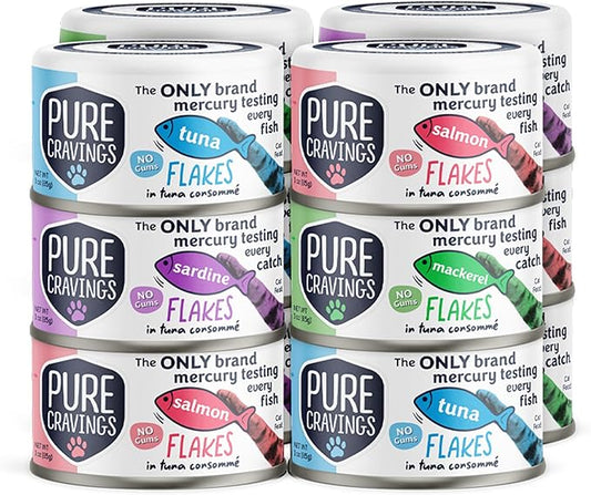 Flakes in Tuna Consommé, Canned Wet Cat Food Soup, 100% Mercury-Tested, Moist Can Fish, Grain-Free Protein, Non-GMO, 3oz, Variety Pack 3X Tuna, 3X Salmon, 3X Sardine, 3X Mackerel-PawvioPets