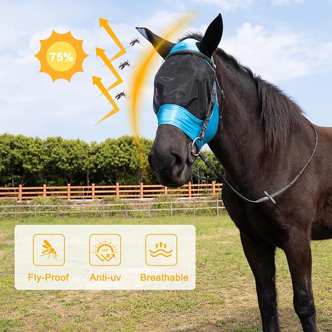 2 Piece Horse Fly Mask with Ears, Comfortable Fit Stretch Fabric Big Eye Space Soft Breathable with UV Protection for Full Horses (Red-Blue)-PawvioPets