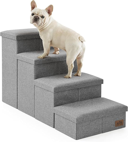 Dog Stairs with Storage, 4-Step Wider Sturdy Dog Steps for Small/Medium/Large Dogs and Older Cats, Folding Doggie Ramp for Bed/Couch/Car Hold Up to 180 lbs (22" H, Grey)-PawvioPets